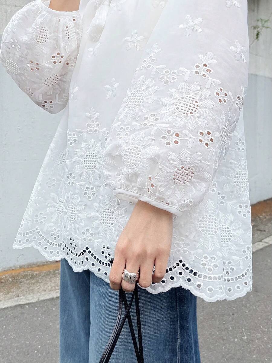 FRIFUL Women's White Embroidered Blouse With Tie Collar And Ruffle Trim, Mori Girl Style For Spring/Summer - White - View 1