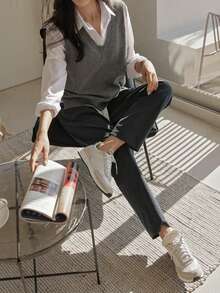 DAZY Solid V-Neck Sweater Vest Without Blouse,Fall Clothes - Grey - View 6