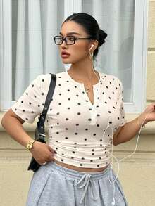 Dazy Plus Spring/Summer Fashion Tight Fitting Top, New Slim Fit Polka Dot Plus Size White Undershirt T-Shirt For Women Crop Top - Apricot - View 8