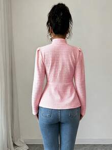 SHEIN Elenzya Áo blazer nữ thanh lịch, màu trơn, tay phồng, thích hợp cho công sở, đi làm, mùa xuân/thu. - Hồng - Xem 2