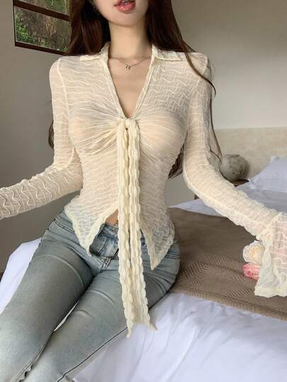 DAZY 女士纹理前系带长袖性感衬衫