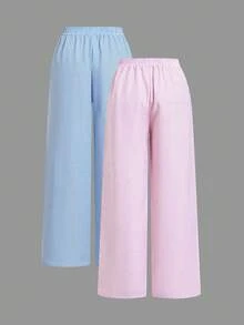 SHEIN Tall CURVE 大码弹力腰直筒宽松条纹裤，夏季百搭 - 彩色 - 查看 2