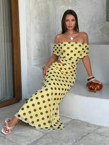 Firerie Vestido largo súper elegante y sexy con estampado de lunares marrones sobre base amarilla, con hombros descubiertos, fruncido y calado. Adecuado para vacaciones, invitada de boda, vestido de cumpleaños, salida, ceremonia de graduación, regreso a casa, vacaciones, fiestas y otras ocasiones. - Multicolor - Ver 7