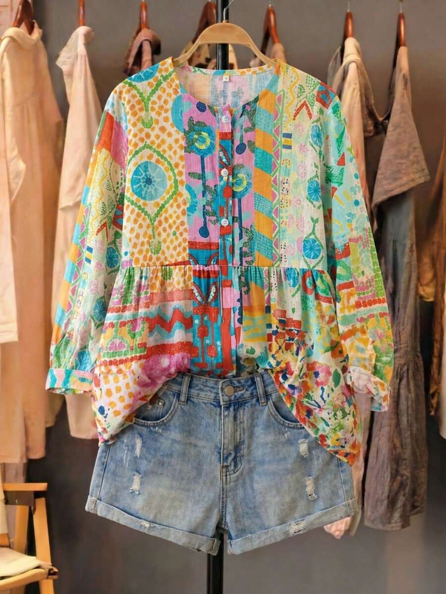 Divinelle 女士复古彩色抽象印花娃娃衫,圆领褶皱高腰收腹宽松上衣,百搭春夏日常穿着 - 彩色 - 查看 1