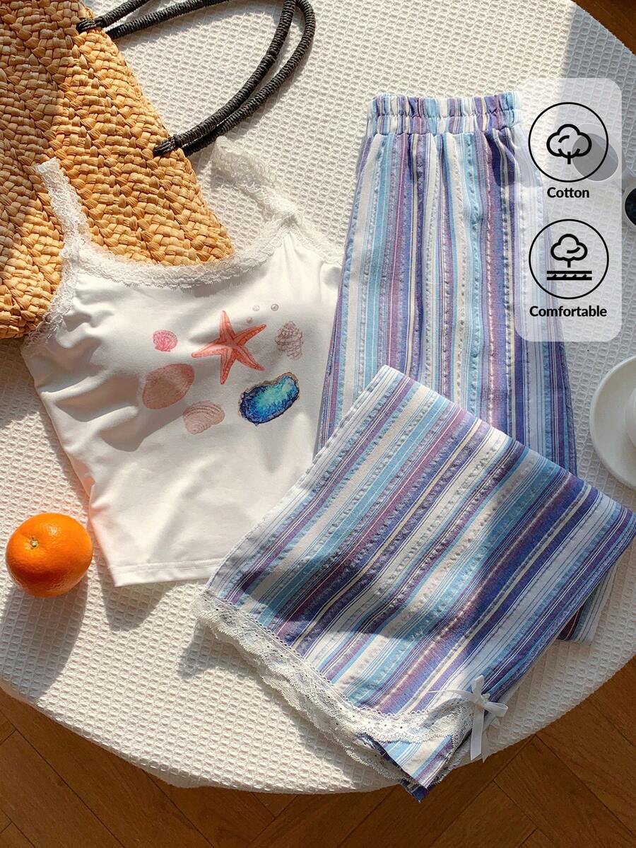 Comfortcana 2件套女士休闲黄色蕾丝边吊带背心和条纹裤,返校季 - 白色 - 查看 1