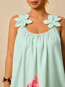 Travachic Plus Size Women Floral Decor Ruched Casual Party Dress - Mint Green - View 4