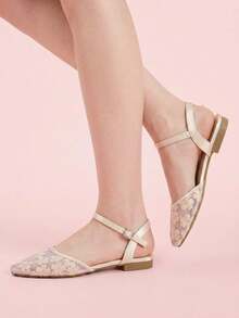 CUCCOO DOLLMOD Women's Shoes, Pink Fashion Round Toe Flower Embroidery Word With Mary Jane Cute And Sweet, Closed Toe Side Empty Flat Sandals - Pear Blossom - Pink - View 3