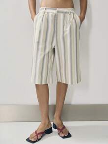 Nöista Striped Culotte Shorts With A Medium-Waist Fit And Wide Leg Pkets.Perfect For Office Vacation-To-Holiday Styling, Vacations, Bermuda Pants, Pool Party - Yellow - View 4
