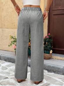 SHEIN Frenchy 女士优雅直筒裤，双扣设计，适合通勤 - 黑色 - 查看 2