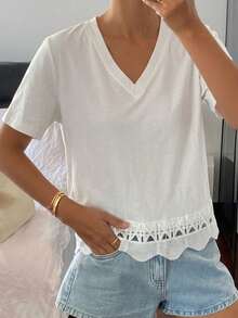 Livesso Women's Solid Color Crew Neck Short Sleeve Patchwork Lace Trim Casual Summer Top - White - View 8