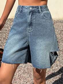 DAZY Jeans larges et amples style cowgirl western délavés, shorts en jean d'été décontracté pour femmes, Jorts Y2K - Bleu azur - Voir 5