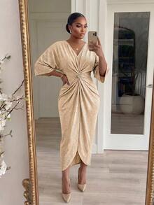 SHEIN Lady CURVE Đầm dự tiệc thanh lịch cổ chữ V, eo nhún, xoắn dành cho nữ cỡ lớn - Màu Khaki - Xem 6