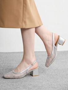 CUCCOO BIZCHIC 女士时尚高跟鞋，搭扣粗跟网纱鞋面，全球四季通勤，优雅百搭，适合节日度假、办公室户外日常穿着 - 灰色 - 查看 9