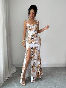 Franclia 欧美时尚方领设计系带腰身褶皱印花无袖修身性感开衩连衣裙，女士春夏连衣裙，无袖连衣裙，春季服装，夏季穿搭，度假，外出，Y2K风格，春季，夏季，返校，休闲，海滩，商务，百搭，性感，女士印花连衣裙 - 彩色 - 查看 5