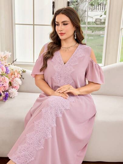 Al Najma Casual Solid Color V-Neck Ruffle Off-Shoulder Flare Sleeve Loose Regular Spring/Summer Plus Size Women Arabic Maxi Dress
