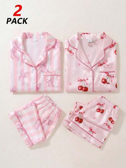 Conjunto de cardigan de seda sintética a rayas con moño y shorts a juego con ribete a contraste, ropa de estar en casa para niñas