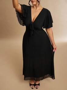 SHEIN BAE 大码女式黑色荷叶边连衣裙，优雅荷叶边连衣裙 - 黑色 - 查看 7