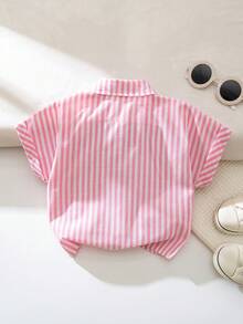SHEIN Áo sơ mi kẻ sọc dáng rộng, đa năng, thích hợp mặc hàng ngày cho bé gái. - Hồng - Xem 2
