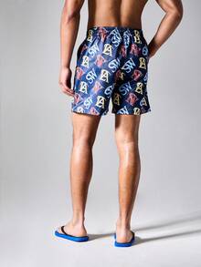 SUMWON Regular Fit All-Over Monogram Print Swim Trunks With Elastic Drawstring Waist Summer Beach Holiday Shorts - Royal Blue - View 2