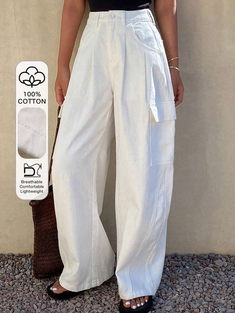 Women's Regular Waist Pleated Pocket Decor Loose Wide Leg Jeans, Casual City Style
