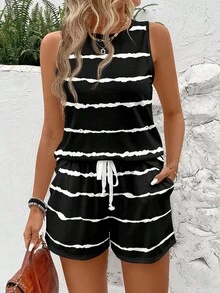 SHEIN LUNE Bộ đồ nữ gồm áo ba lỗ cổ tròn và quần short, thích hợp cho mùa hè, kiểu dáng kẻ sọc, quần áo mùa hè cho nữ. - Nhiều màu - Xem 6