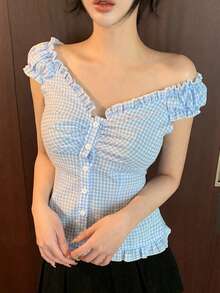 DAZY 女士荷叶边单排扣格子衬衫 夏季 - 藍色 - 查看 3