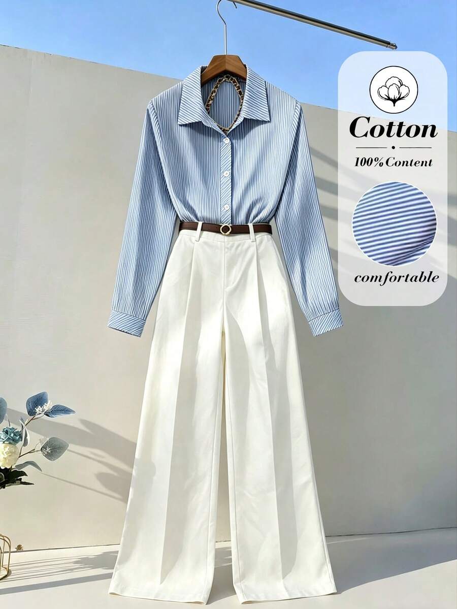 INAWLY 2pcs/Set Casual Commuter Striped Long Sleeve Shirt (With Belt Decor) And Straight Leg Pants Set - Blue and White - View 1