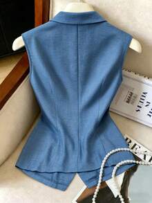GlowEve CURVE Áo blazer dáng rộng thanh lịch, chất liệu cotton pha lanh màu xanh denim, cúc ngọc trai, phù hợp cho công sở, đi làm và nhiều dịp khác nhau, mùa xuân/hè. - Màu xanh lam - Xem 2