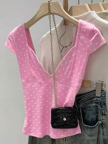 DAZY Camiseta ajustada de mujer con cuello en V y lunares, color rosa, para primavera/verano - Rosa - Ver 9