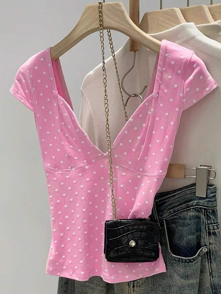 Women's V-Neck Fitted Polka Dot T-Shirt, Pink