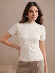 Anewsta Off-White Summer Elegant Daytime High-Density Semi-Transparent Heavily Embellished Fitted Knit Pullover Top Versatile For Autumn Winter Formal Party - White - View 4