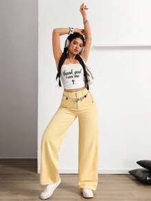 SHEIN ICON Women's Casual Commuting Minimalist Solid Color Loose Wide-Leg Jeans Everyday Yellow Summer - Yellow - View 5