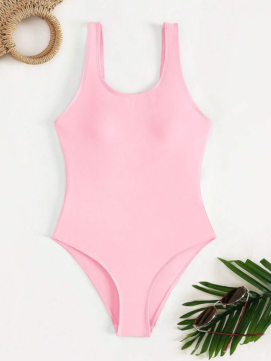 Swim Vcay Maillot de bain une pièce de couleur unie pour femmes, convient pour les vacances à la plage, les fêtes de piscine, les fêtes de plage - Rose bonbon - Voir 1