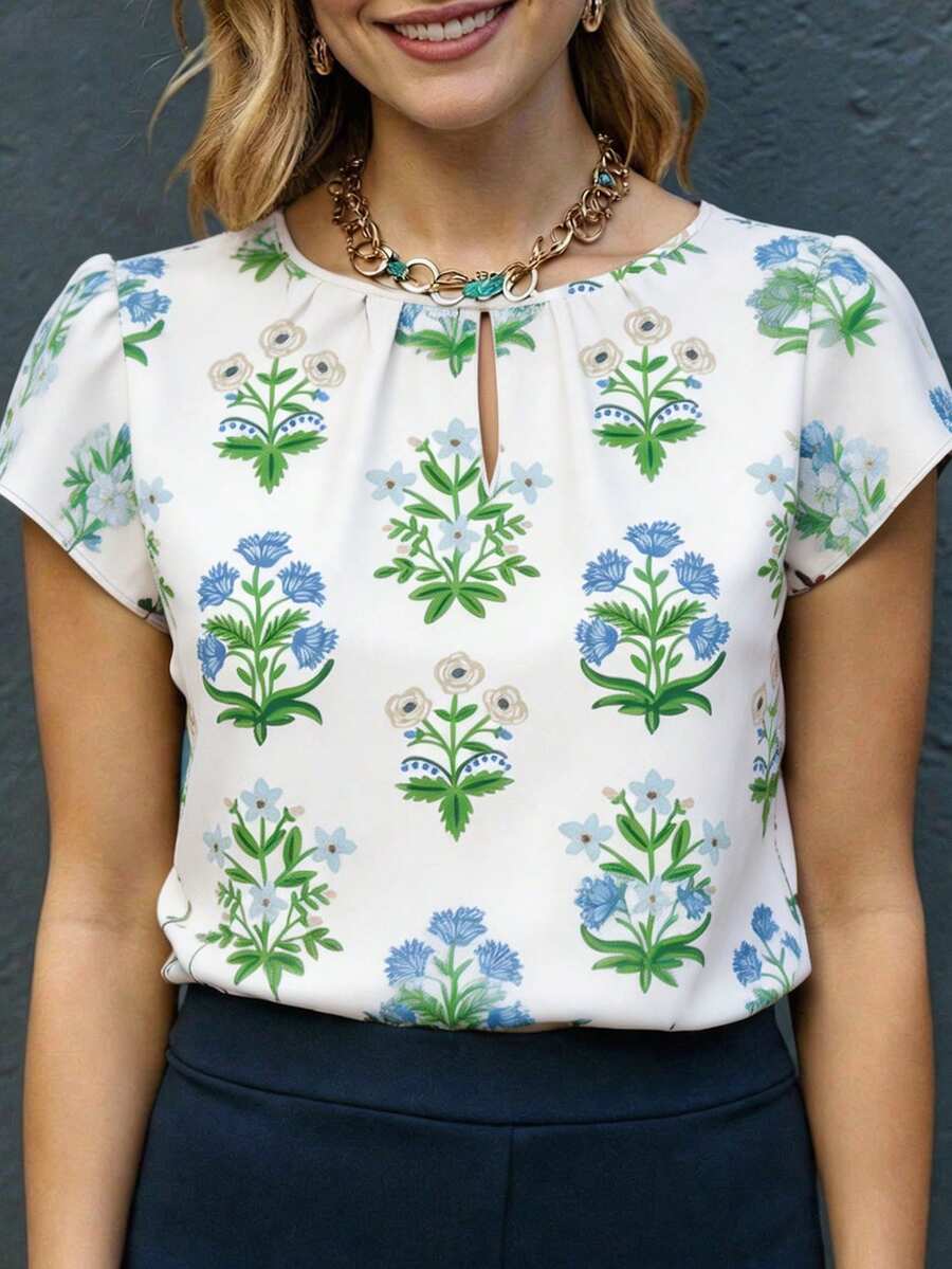 EMERY ROSE Camisa de manga corta con estampado floral casual, verano - Verde - Ver 1