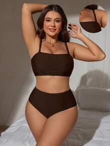 Swim Lushoire 2026 Model Baru Musim Panas Dasar Minimalis Dasar Ukuran Plus Wanita Tankini Set Pakaian Renang Liburan Pesta Pantai Cokelat - Coklat - View 4