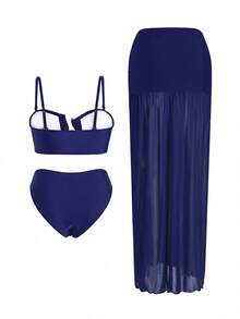 Swim Oasis 三件套女士比基尼套装，时尚复古风，纯蓝色，金属装饰，可调节肩带抹胸上衣和褶皱腰长裙，适合游泳、海滩、休闲等场合。 - 藏蓝色 - 查看 2
