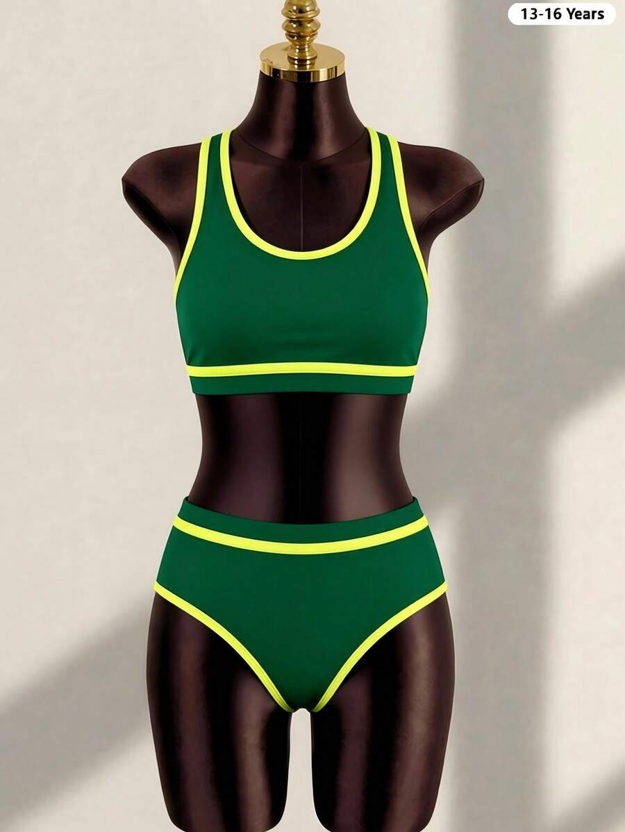 SHEIN Conjunto de bikini con ribete de contraste para adolescentes, ideal para vacaciones de verano en la playa - Verde - Ver 1