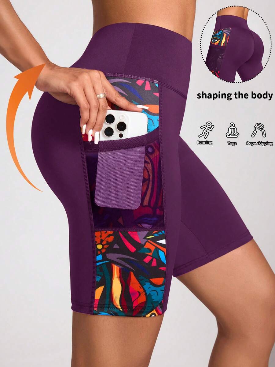 Easithlete Digital Print Yoga Leggings With Pockets - Bold Plum - View 1