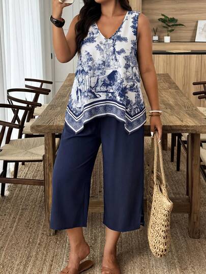 Weeklong Blue Printed Sleeveless Asymmetrical Hem Pants 2 Pieces Casual Vacation Plus Size Set