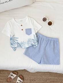 SHEIN Bộ 2 món đồ cho bé trai/bé gái, kiểu dáng thường ngày dễ thương, họa tiết cây cỏ, áo thun ngắn tay và quần short, bộ quần áo mùa hè cho bé trai. - Màu xanh lam - Xem 5