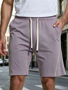 Manfinity Dauomo Men's Solid Color Drawstring Waist Casual Versatile Daily Wear & Sports Shorts - Purple - View 1
