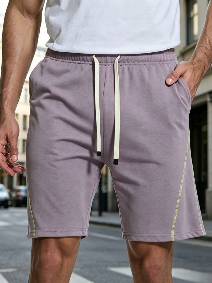 Manfinity Dauomo Men's Solid Color Drawstring Waist Casual Versatile Daily Wear & Sports Shorts - Purple - View 1