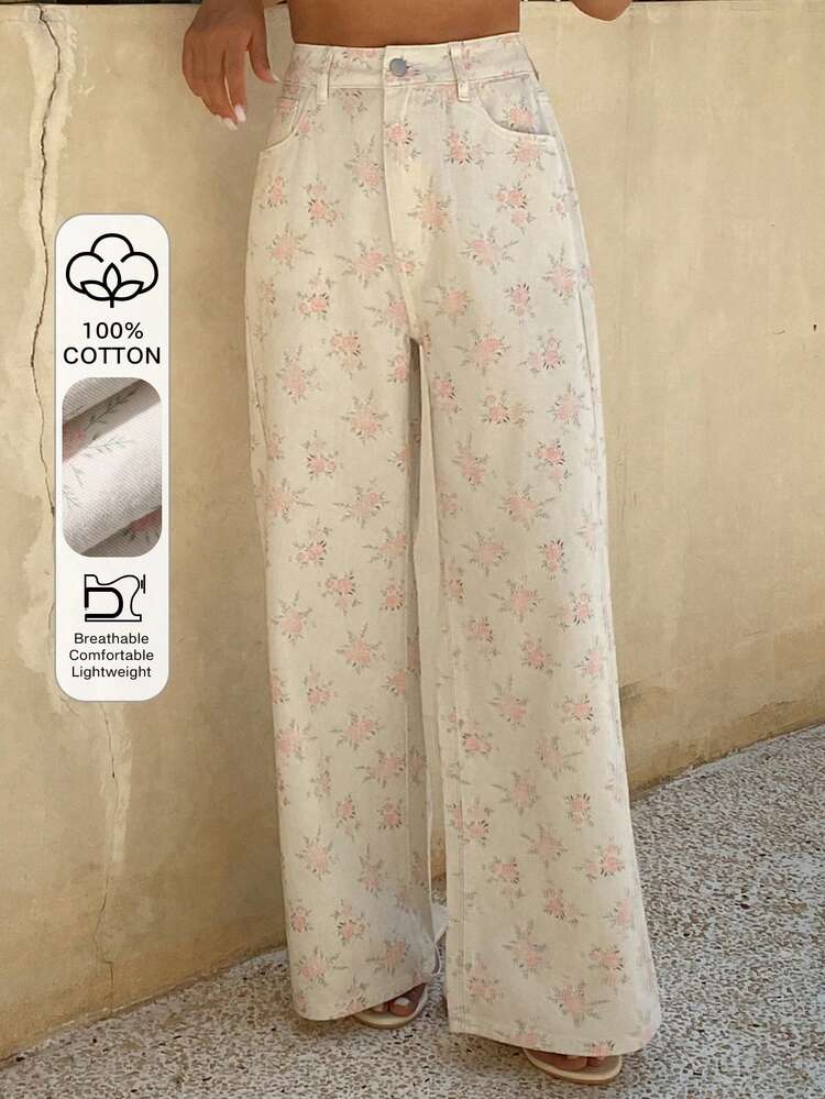 Women's Ditsy Floral Loose Wide Leg Jeans, Romantic Vacation Beach Style, Spring & Summer
