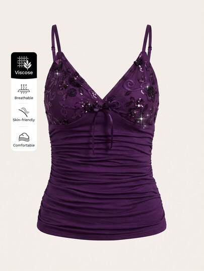 Ellevyn Women's Butterfly Decor Camisole Top With Beaded Detail, Suitable For Summer Wear