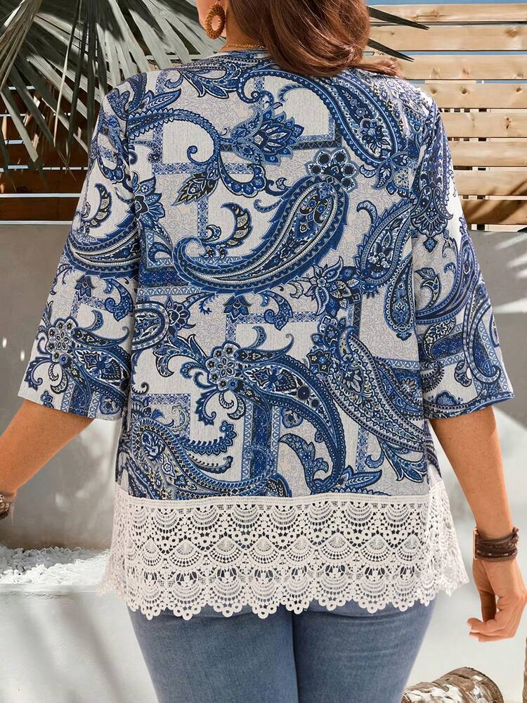 Plus Size Women's Summer Casual Vacation Country Cashew Pattern Floral Print V-Neck 3/4 Sleeve Blouse Top Shirt,Casual Holiday Style,Summer Outfits For Women ,Vacation Outfits Women ,Holiday Outfits For Women,Going Out Outfits, New Clothes,Simple And Fashionable For Everyday Wear,Suitable For Summer, Vacation, Daily Wear, Festival Outfits For Women,Country Concert Outfit,Beach Outfits For Women,Western Style,,Gifts For Mother,Boho  Top