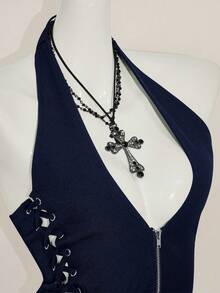 SHEIN ICON Summer Y2K Navy Blue V Neck Going Out Night Out Concert Women's Black Goth Sexy Grommet Solid Color Fashion Side Cross Strap Halter Tank Top - Navy Blue - View 7