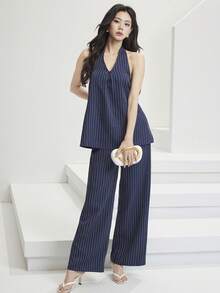 Heiryn Women's Navy Pinstripe Halter Top & Wide-Leg Pants Set - Summer, Navy, Pinstripe, Quiet Luxury, Office Chic, Vacation, Resort - Khaki - View 9