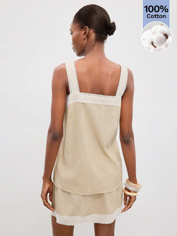 SHEIN Maija Women's White Contrast Lace Camisole And Shorts 2 Pieces Set,Summer Casual City Break Outfits,Elegant Cotton Vacation Beach Holiday Festival Clothing