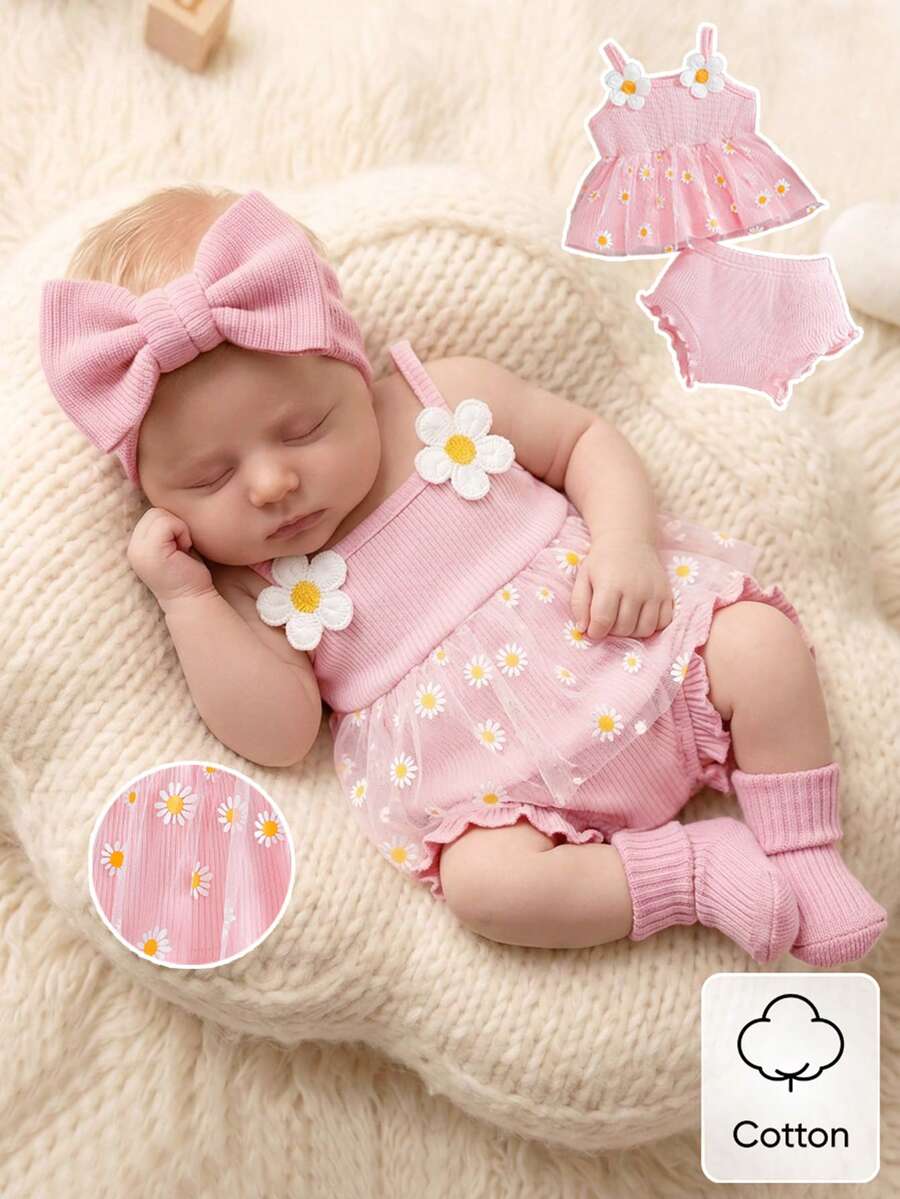 SHEIN 2pcs/Set Baby Girls' Casual Vintage Elegant Cute Daisy Embroidery Ribbon & Mesh Outfit, Suitable For Spring/Summer Outings - Pink - View 1