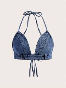 SHEIN EZwear Áo denim hở lưng cổ yếm gợi cảm - Rửa trung bình - Xem 1